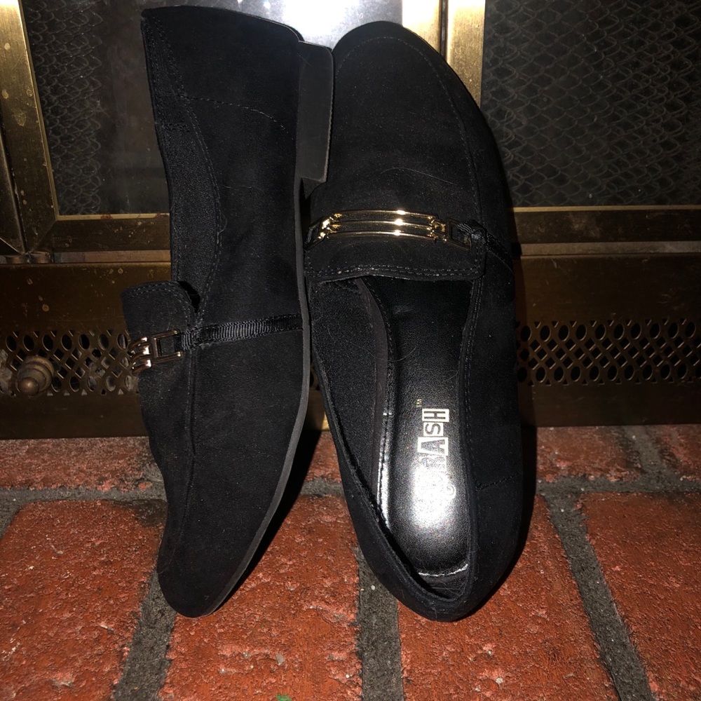 Black Suede Loafers with Gold Buckle
